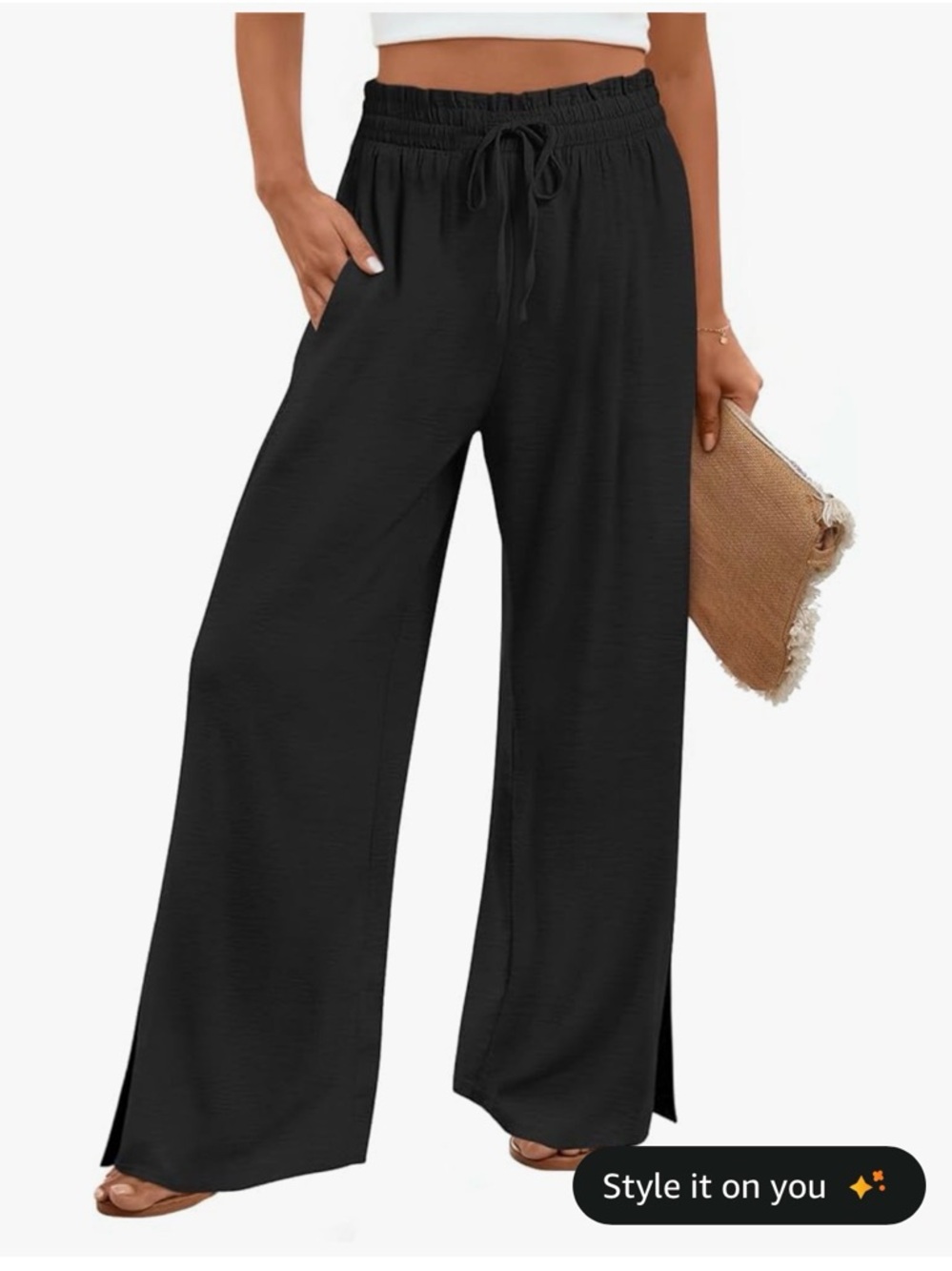 Elastic Waist Wide Leg Pants for Women - Black